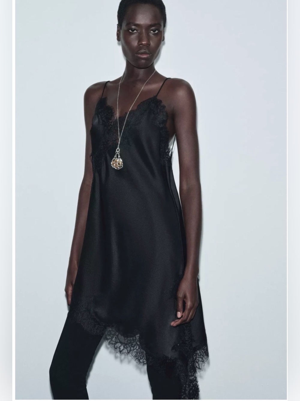 Asymmetric Lace-Trim Slip Dress